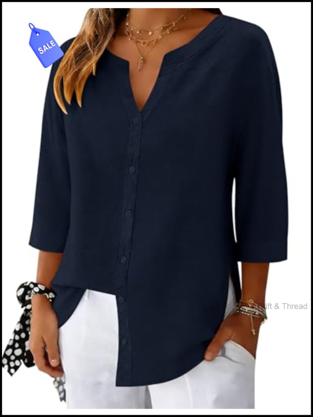 Women's 3/4 Sleeve V-Neck Button Down Cotton Linen Blouse